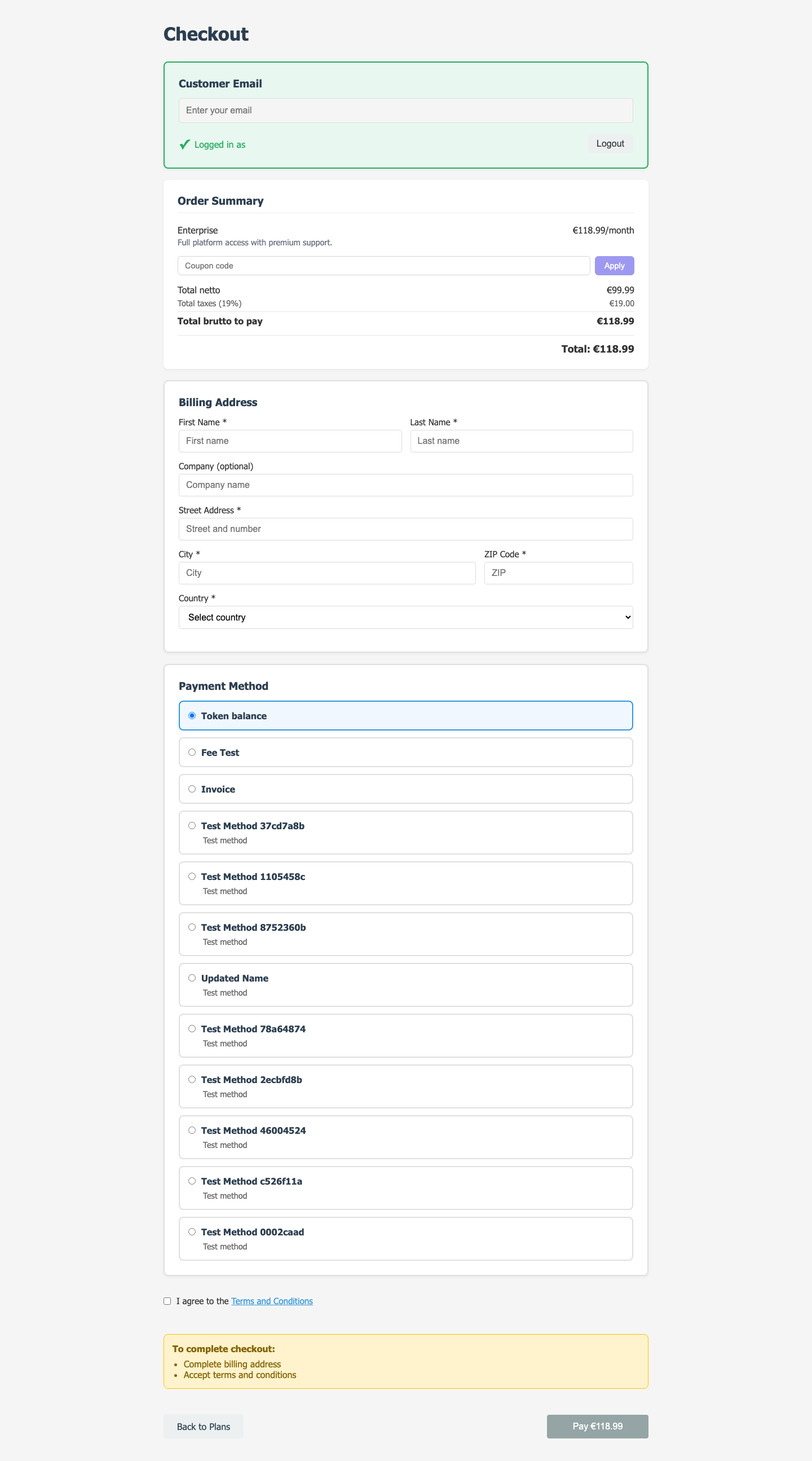 One checkout, every payment method — here paying with Token Balance, with coupon and netto / tax / brutto breakdown.
