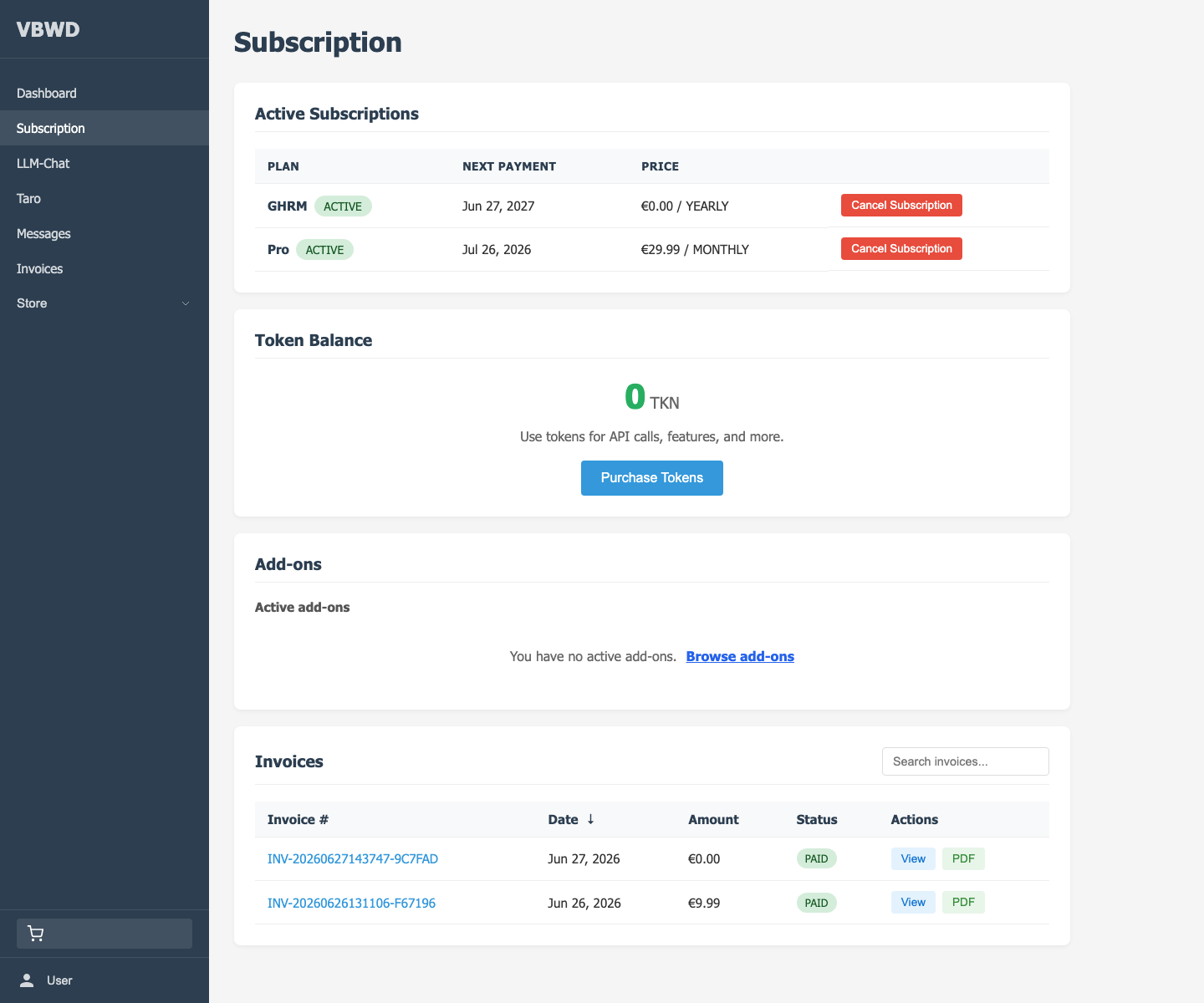 The buyer account — active plans, token balance and PAID invoices with View / PDF.