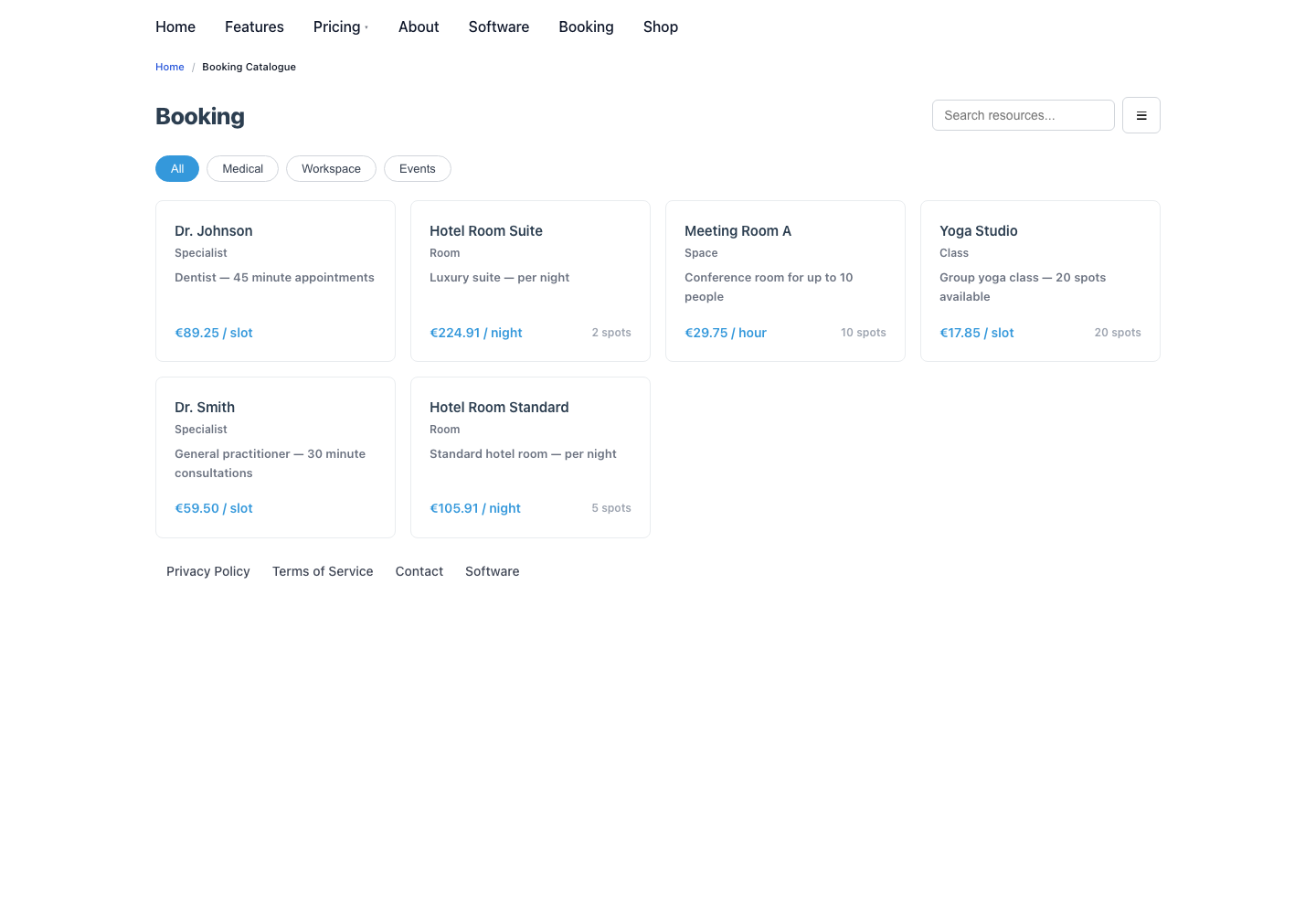 The booking storefront — bookable resources.