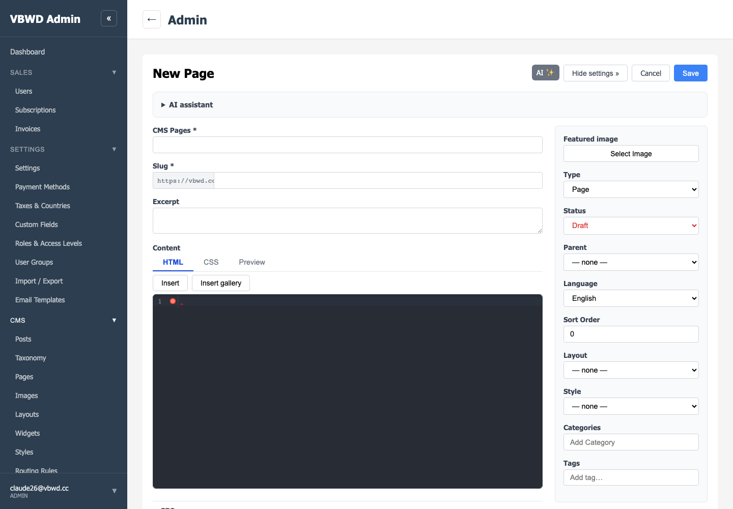 The CMS post editor — AI-assisted content and SEO generation.