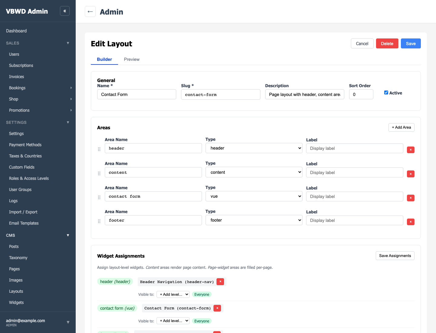 The layout editor — header / content / footer areas.