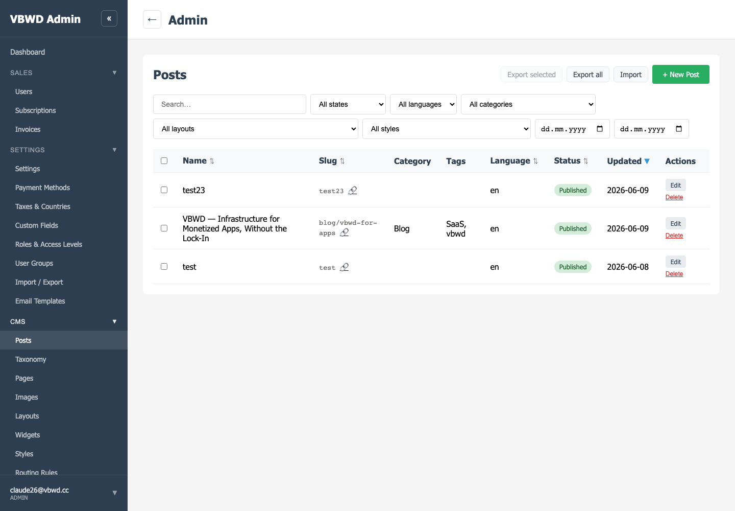 The CMS content manager — posts and pages.