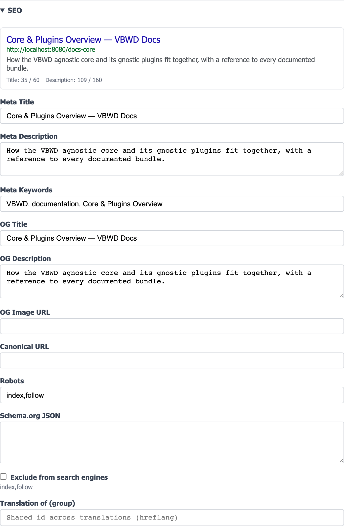 The SEO panel in the page editor — a live SERP preview over every editable field, with title/description length hints.