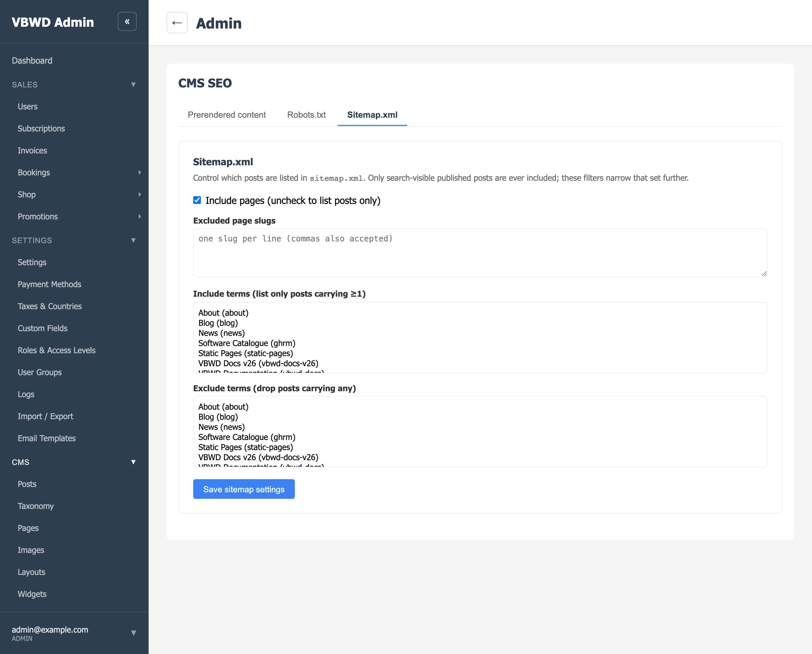 Admin → CMS SEO → Sitemap.xml — narrow the published set by pages, excluded slugs, and include/exclude categories.