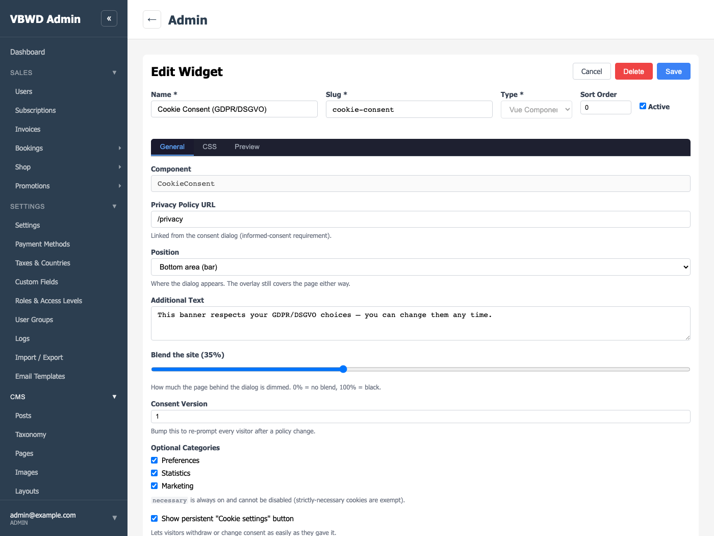 The fe-admin widget editor — privacy URL, position, site-dim blend, consent version, optional categories and the persistent settings button.