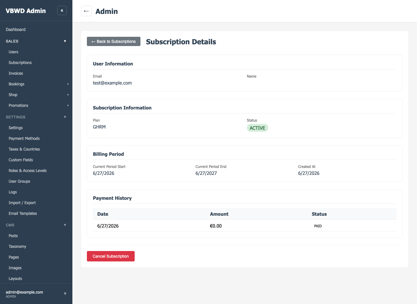 Backend admin: the same subscription after the trial converts — ACTIVE (the full cycle).