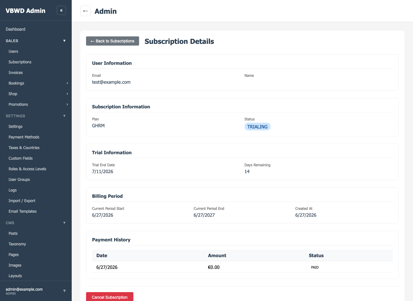 Backend admin: the software subscription in its TRIALING state (14-day trial).