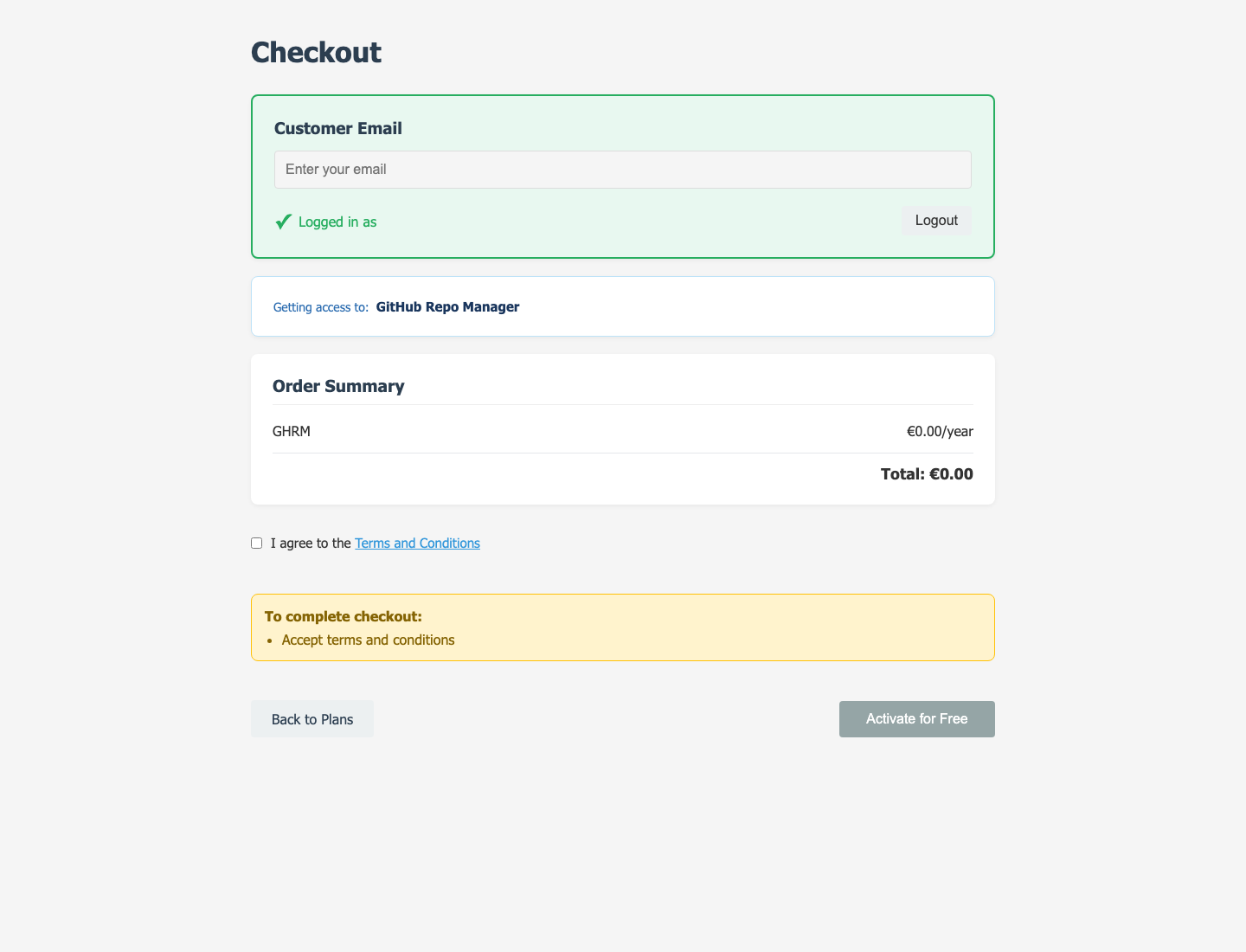 Checkout — getting access to the selected package.