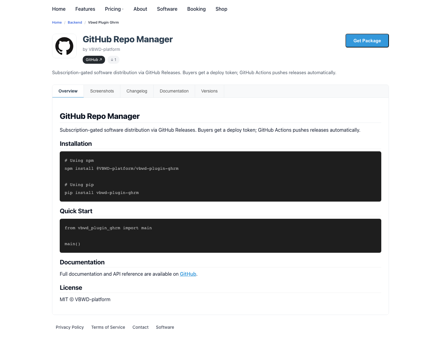 A package detail page — overview, install, versions and the Get Package button.