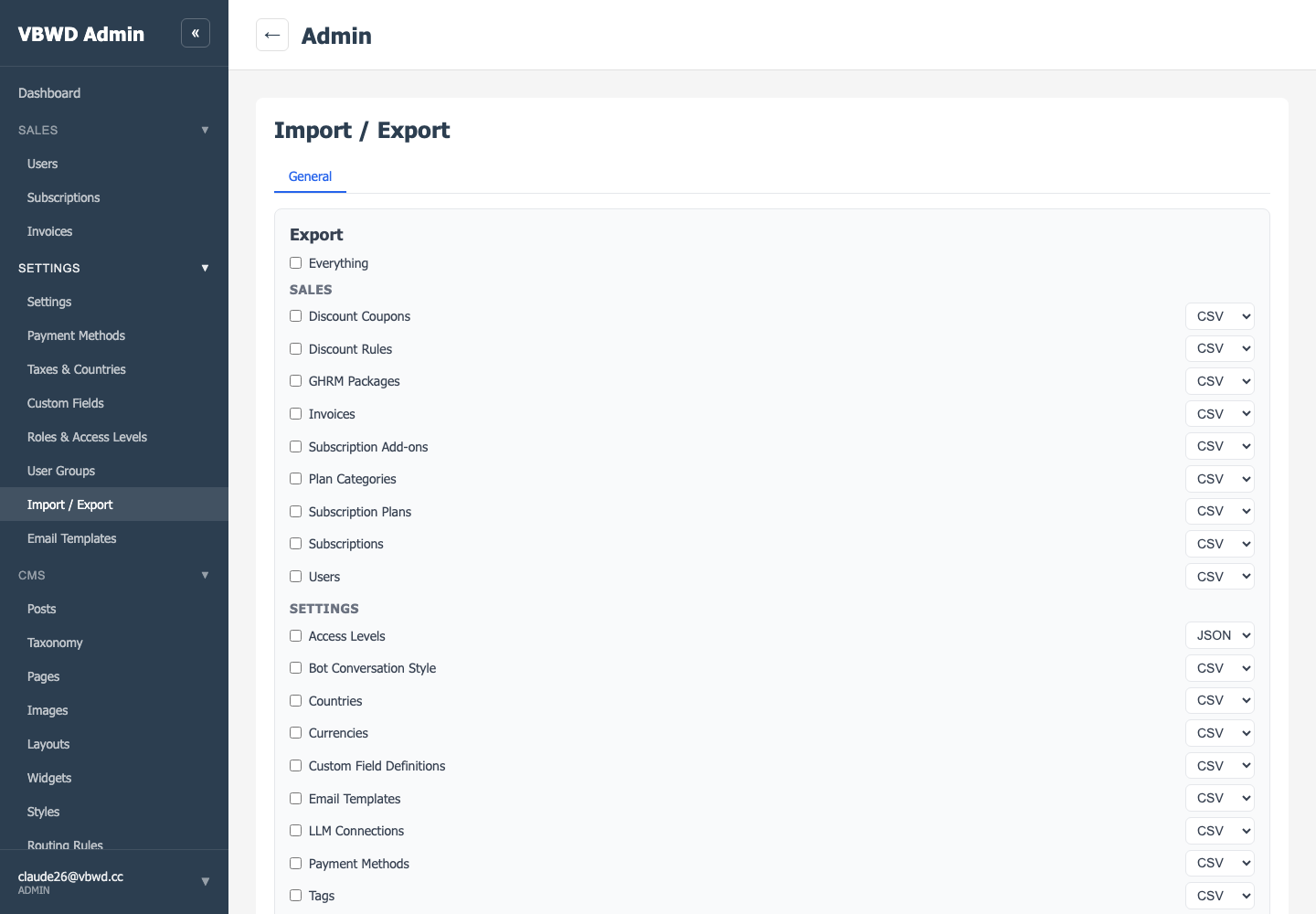 The admin Import / Export (data-exchange) UI.