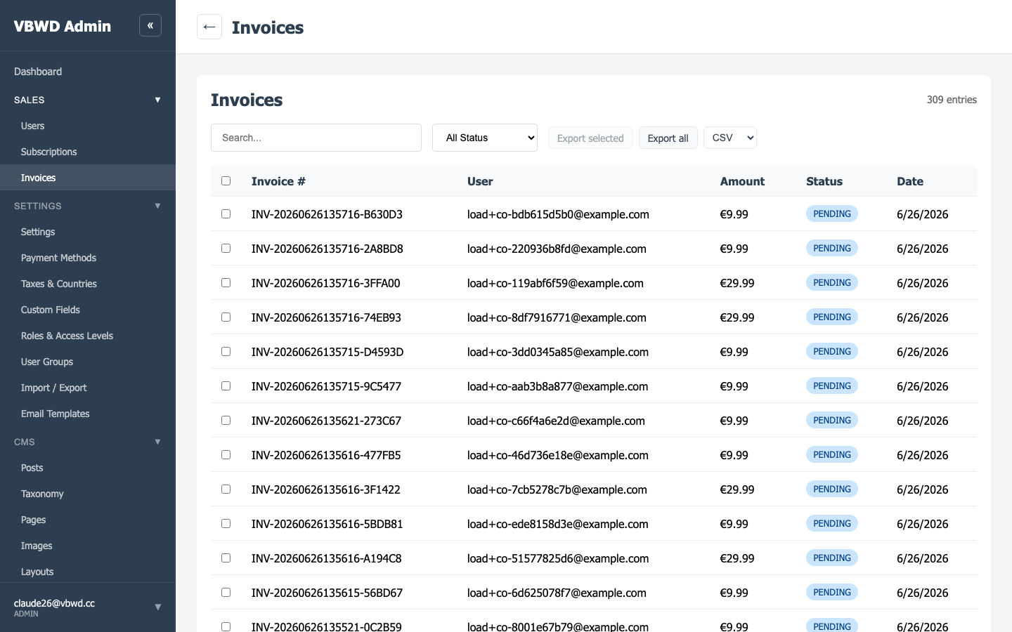 The admin invoice ledger — every customer, every invoice, status at a glance.