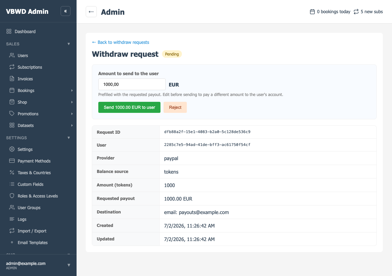 A withdraw request\'s detail view.