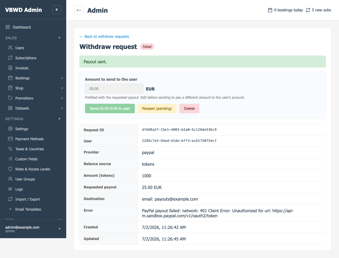 The operator marks the payout sent — the request moves to its terminal state.