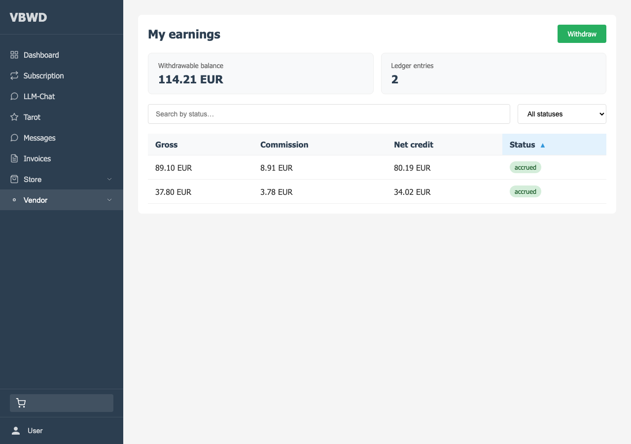 My earnings — the ledger of accrued/withdrawn rows and the live withdrawable balance.