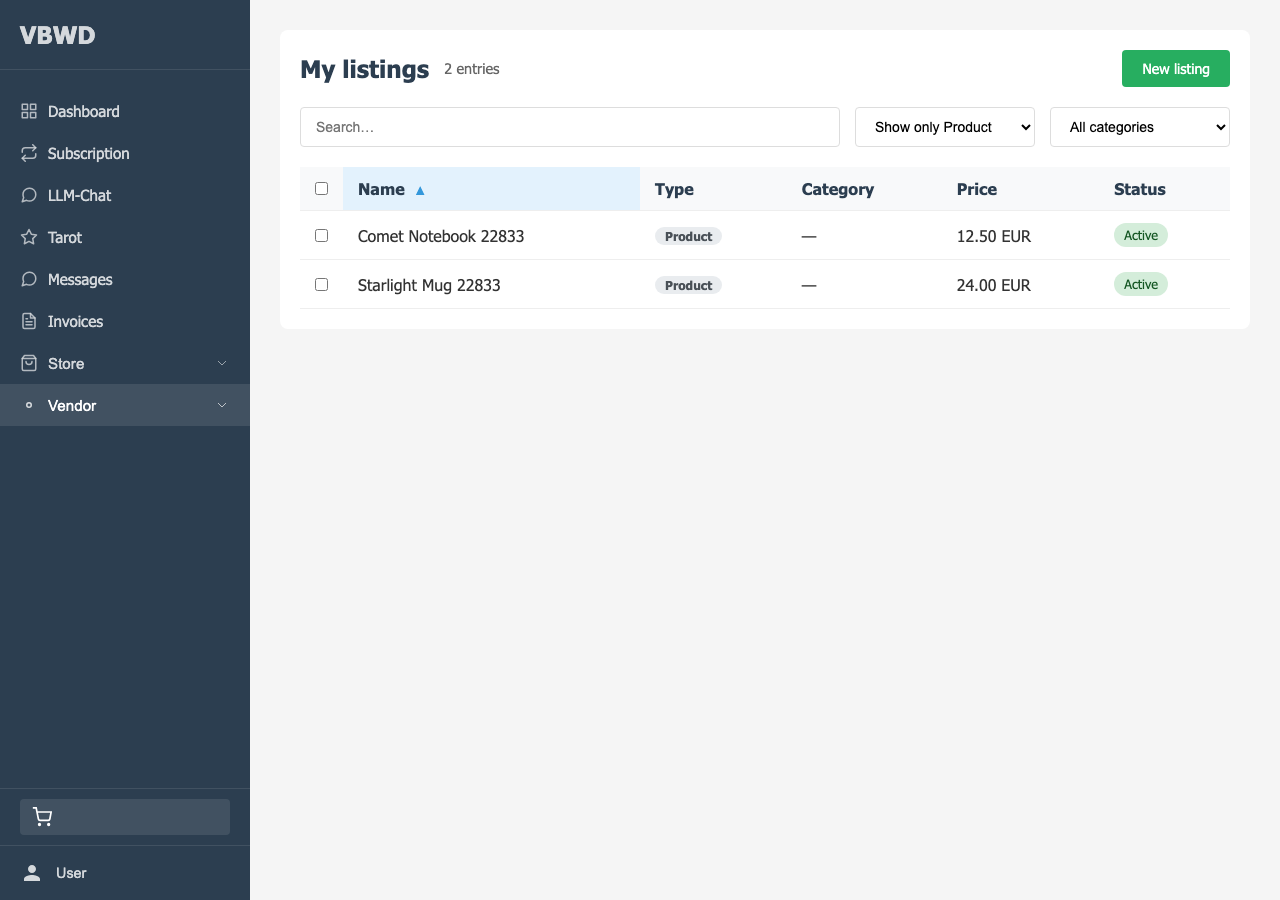 My listings filtered to a single type — the same table works whether a vendor sells products, plans or bookable resources.