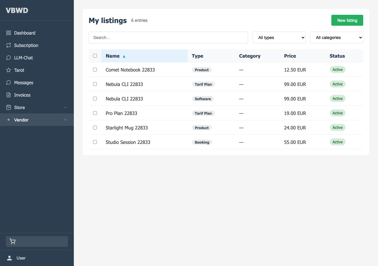 My listings — every vertical\'s items aggregated into one sortable table with quick-search and filters.
