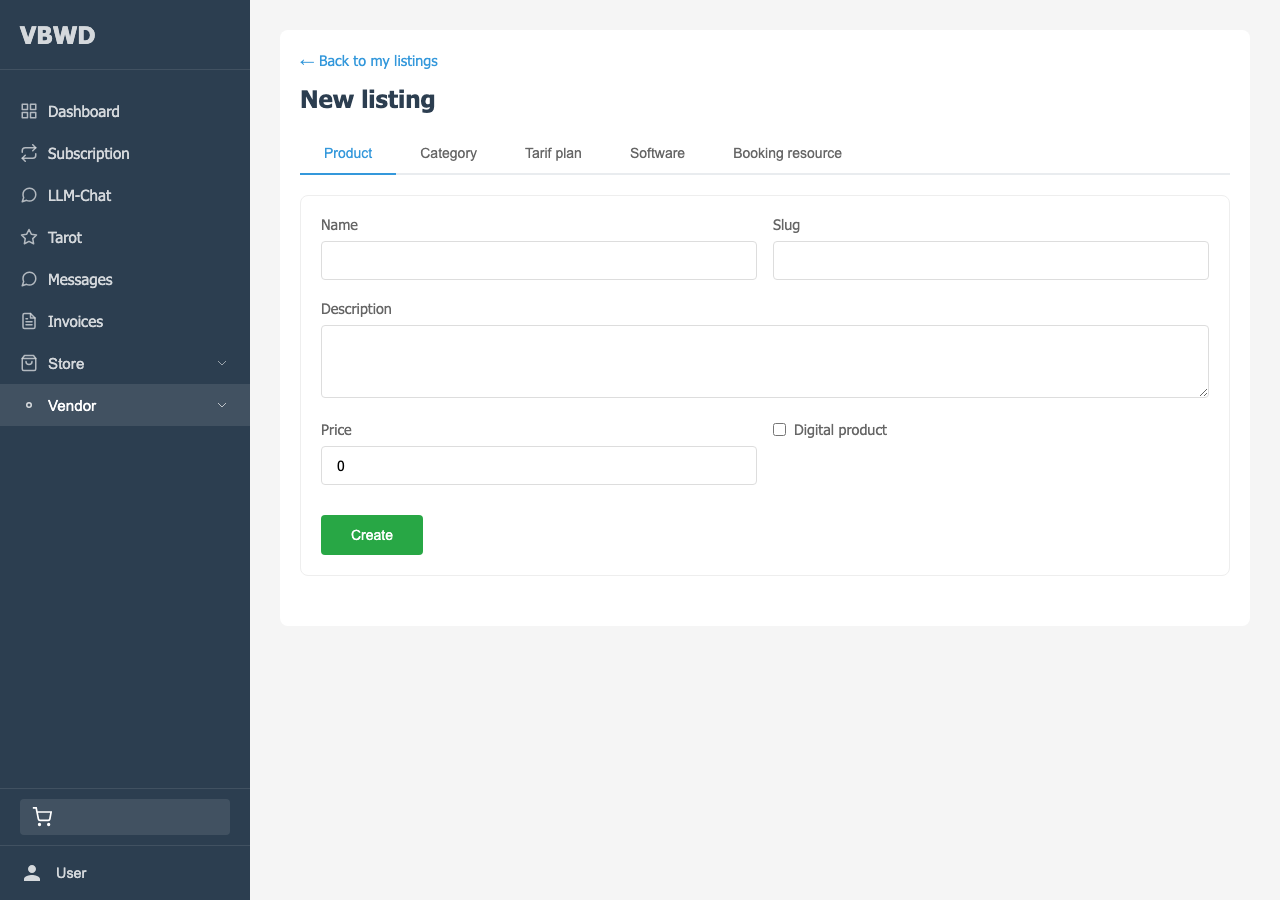 New listing — the create dropdown is driven by the backend listing-types registry.