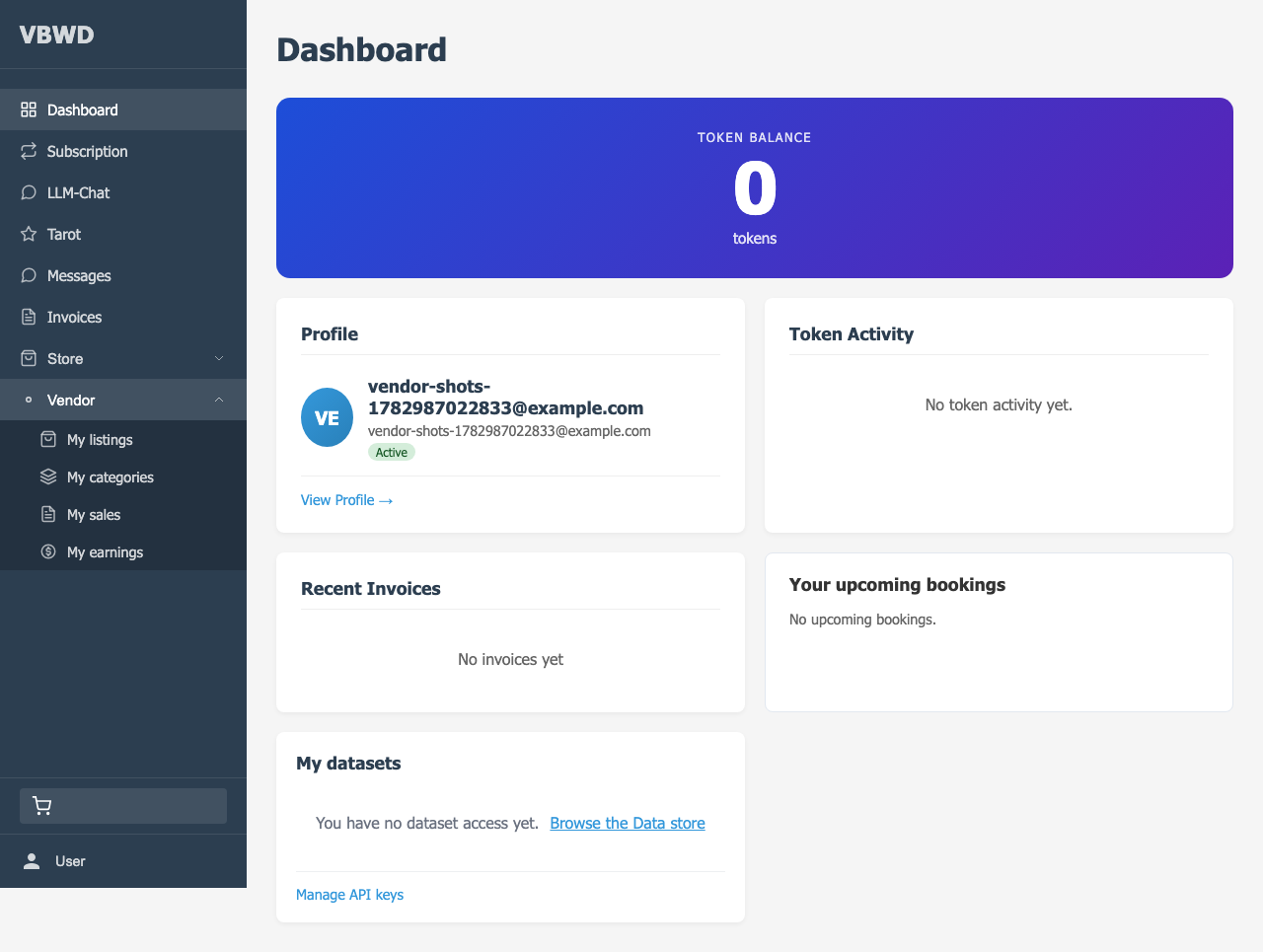 The vendor\'s private area — a collapsible “Vendor” navigation block (My listings / My categories / My sales / My earnings) added to the user portal.