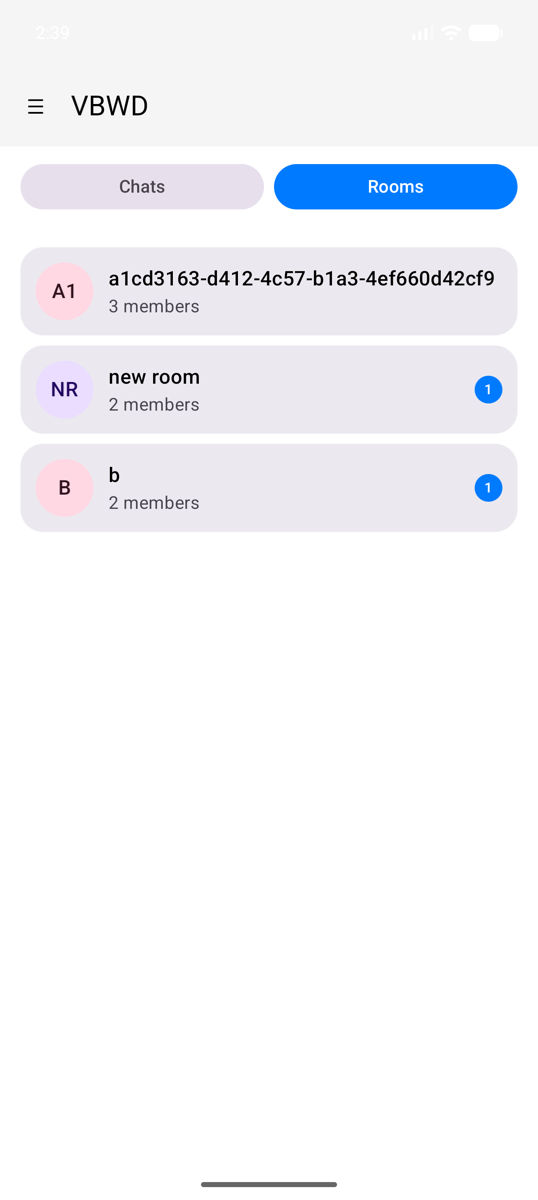 The Rooms tab — N-party rooms with member counts and unread badges. Any member can invite; only members can read. Opening a room reuses the same bubble thread as a 1:1.