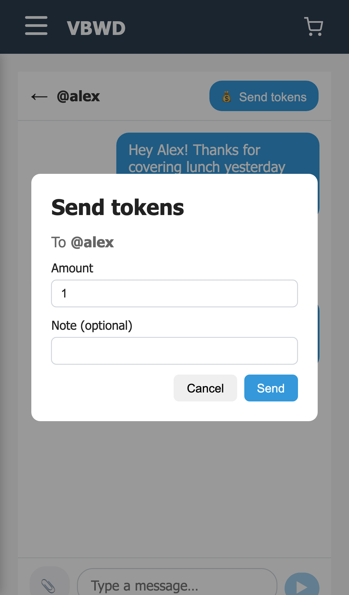 2 — The Send tokens dialog opens, pre-addressed “To @alex”, with an amount field (defaulting to 1) and an optional note.
