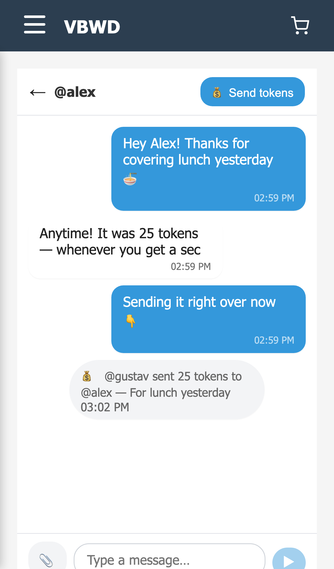 4 — The transfer settles instantly: “@gustav sent 25 tokens to @alex — For lunch yesterday” appears as a card in the thread, and Alex's balance is credited the moment it lands.
