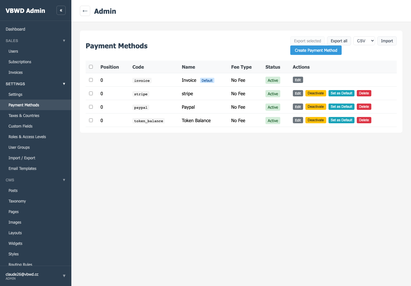 Payment methods (providers) in the admin.