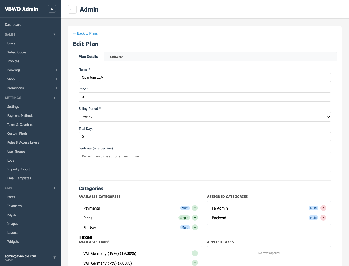 Editing a tarif plan — price, taxes, cycle and trial, no deploy required.