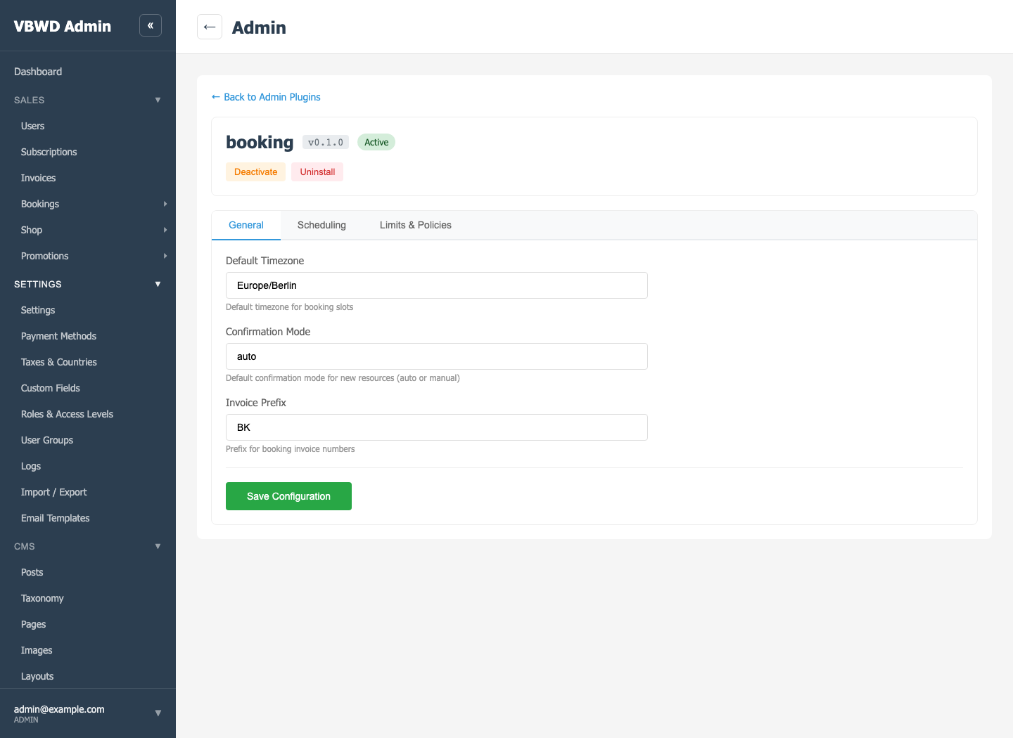 Per-plugin configuration — typed settings, tabs and RBAC, all from the admin.