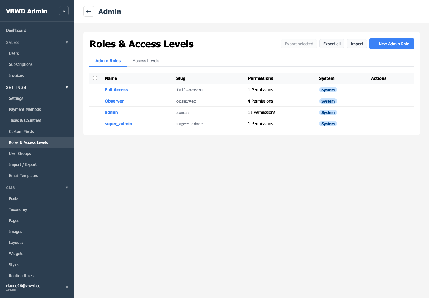 Admin roles and access levels in the admin.