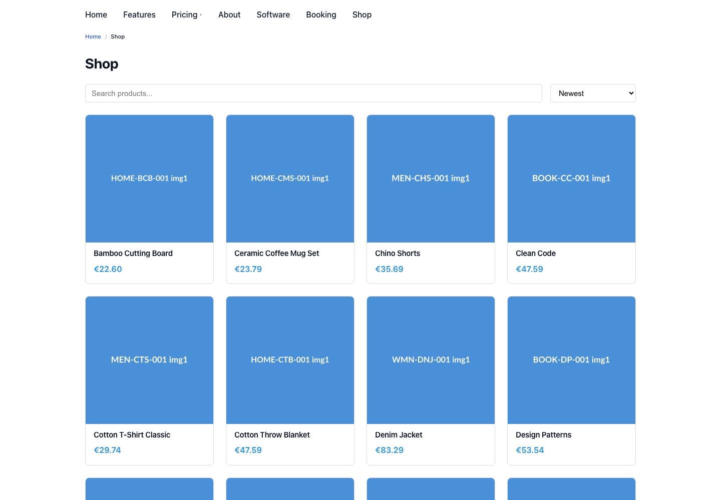 The shop storefront — product catalogue.