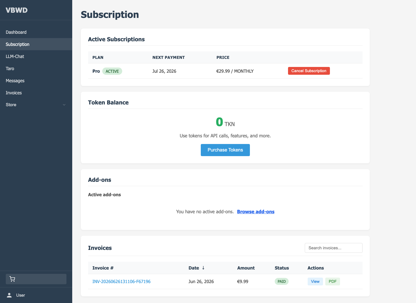 A subscriber's private view — active plan, tokens, add-ons, invoices.