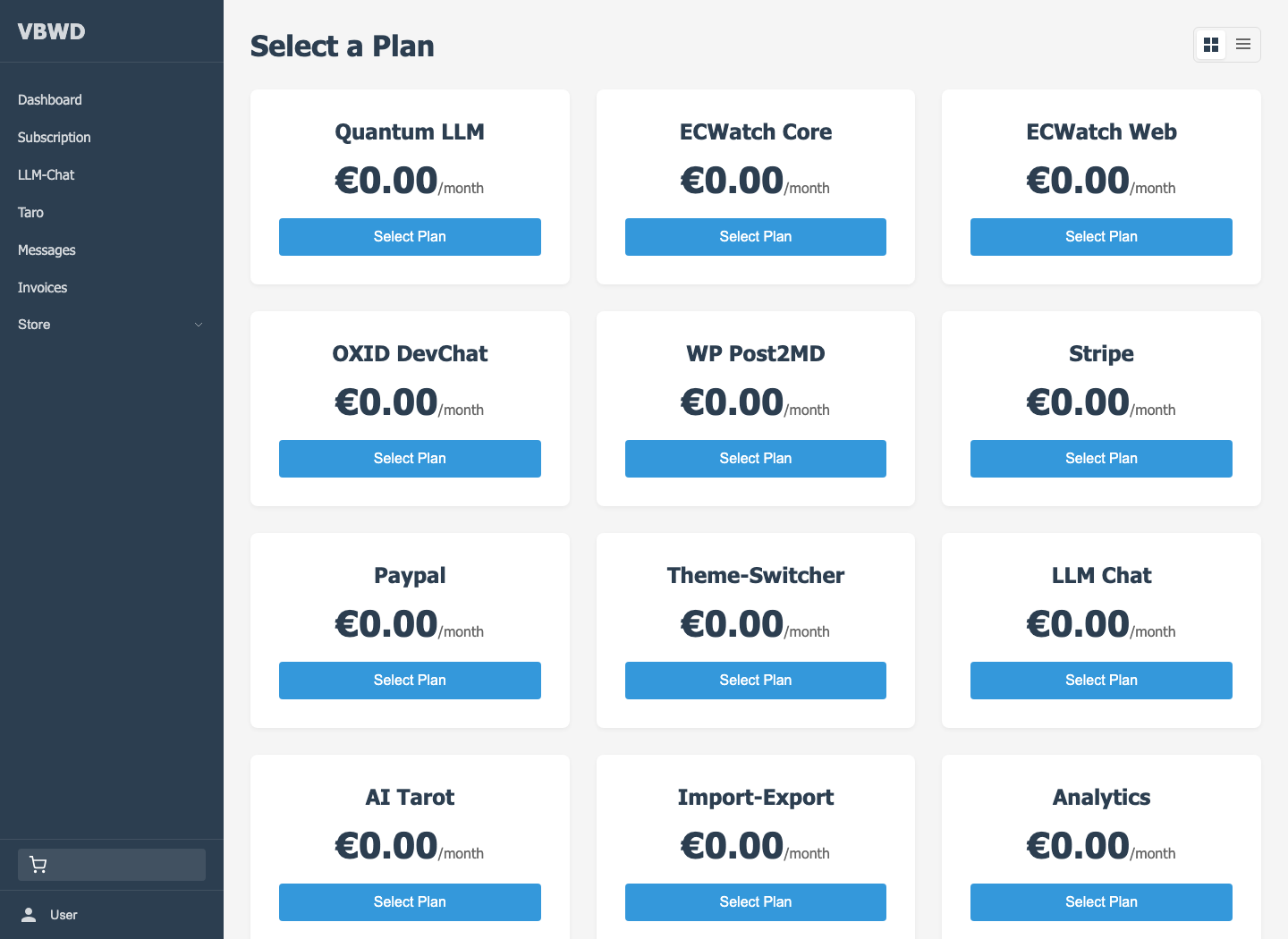 The plan storefront — your catalogue, your prices, your trials.