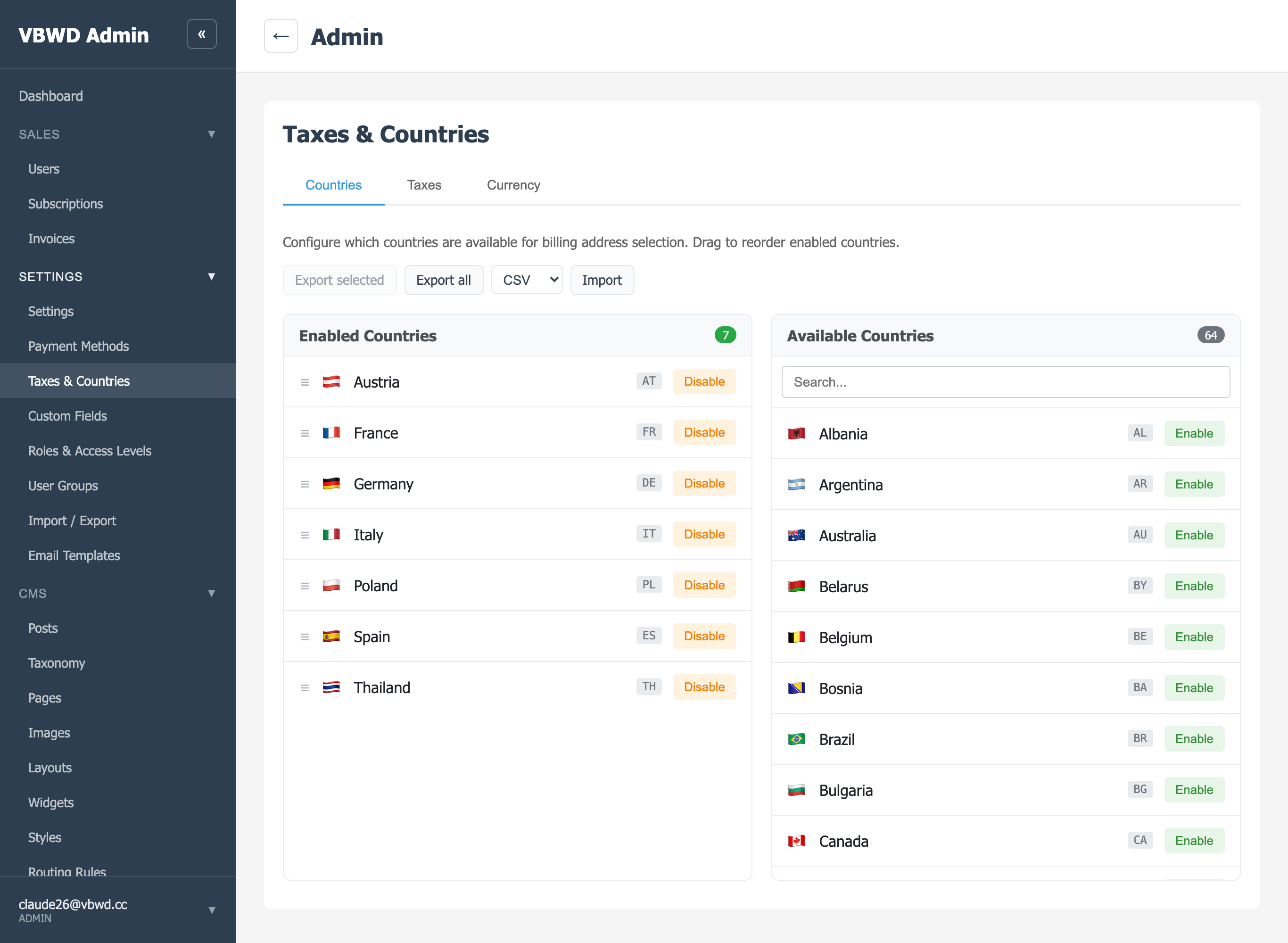 The Countries tab — an active/available selector plus drag ordering for the enabled set.