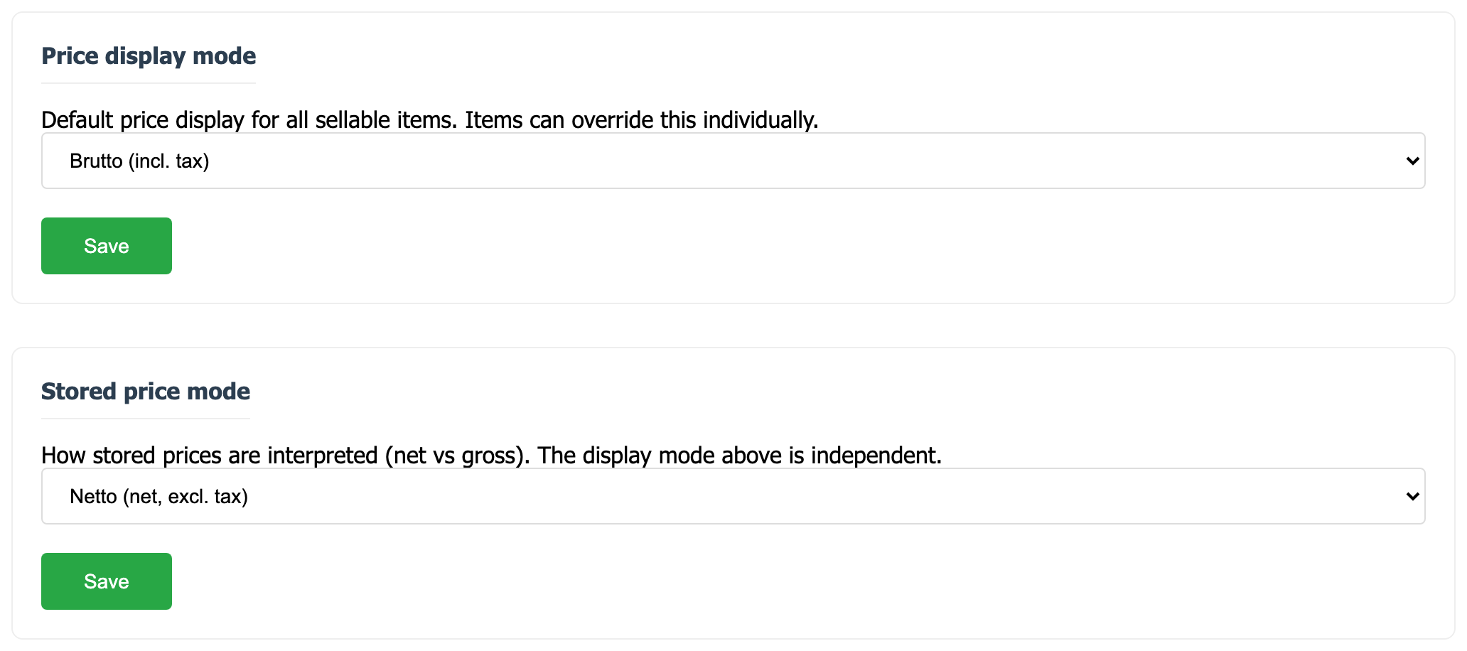 The price display mode and the in-database price mode — global switches on the Taxes tab, read by the PriceFactory and surfaced at /api/v1/config.