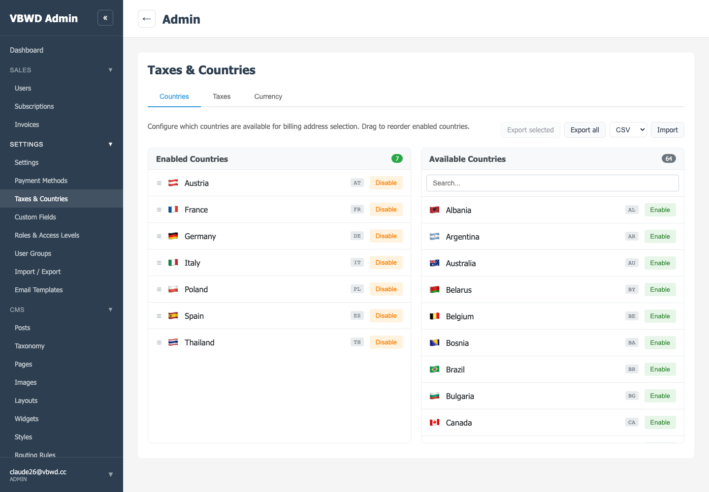 Taxes and countries configuration in the admin.